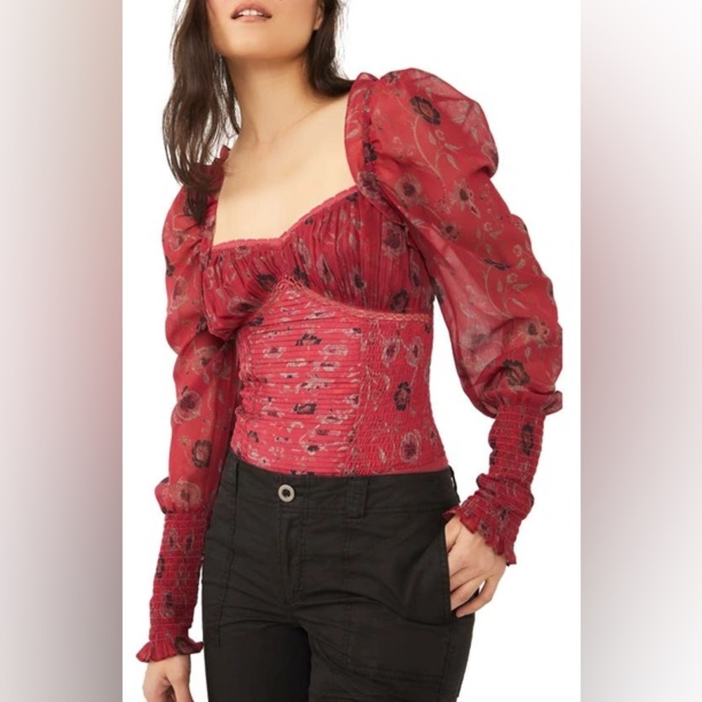 NWT Free People Women’s Brunch Date Floral Print Long Sleeve Bodysuit.